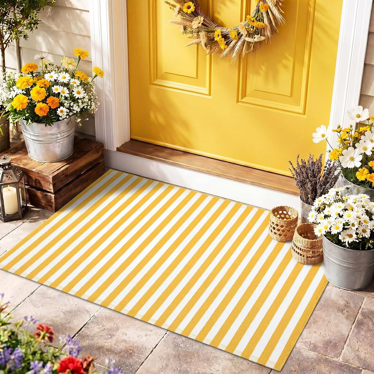 2'4'' X 3'7'' Yellow and White Fall Vertical Stripe Outdoor Rug
