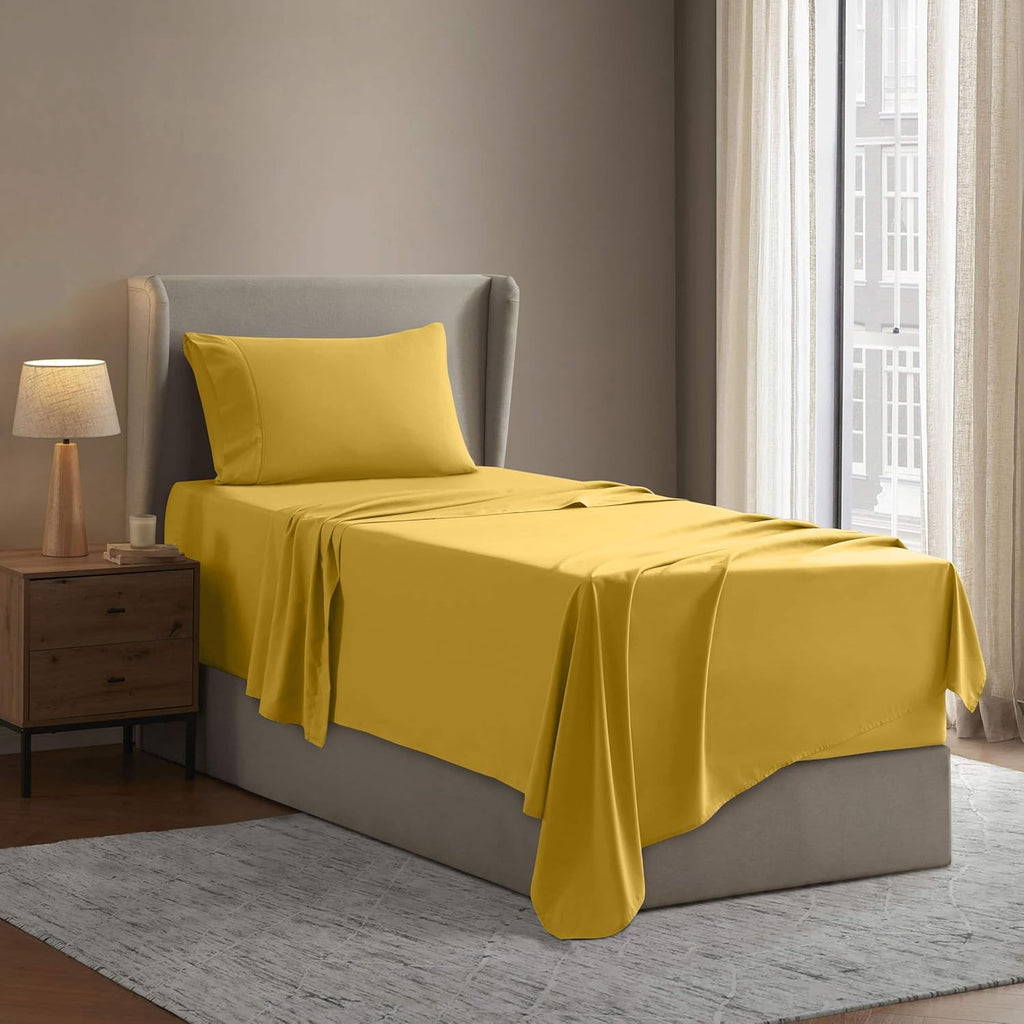 Twin XL Bed Sheet Set - Yellow - Instantly Soft Microfiber, No Break-in Wash - 4-Piece Deep Pocket Sheets & Pillowcases, Stays Put All Night