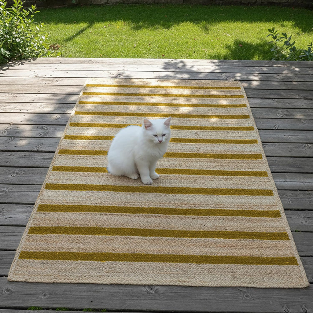 Runner Jute Rug 2.6x8 Hand Woven Jute Braided Yellow Striped Pattern Rug Thick 0.27" Ideal for Runner Areas Rugs for Hallway, Kitchen, Entryways Laundry Boho Carpets Home Décor
