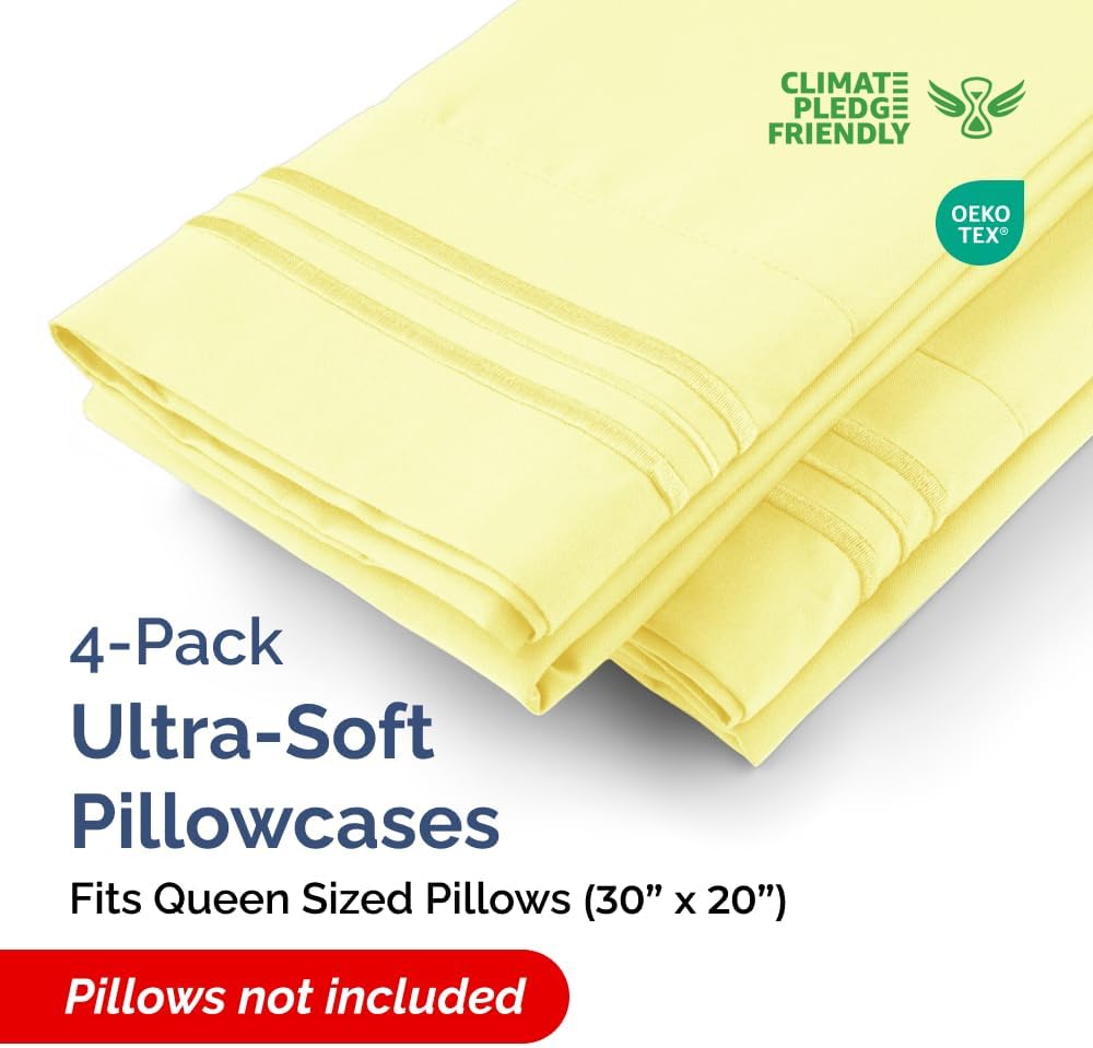 Queen Pillow Cases Set of 4 - Ultra Soft Cozy Pillowcase Covers - Yellow