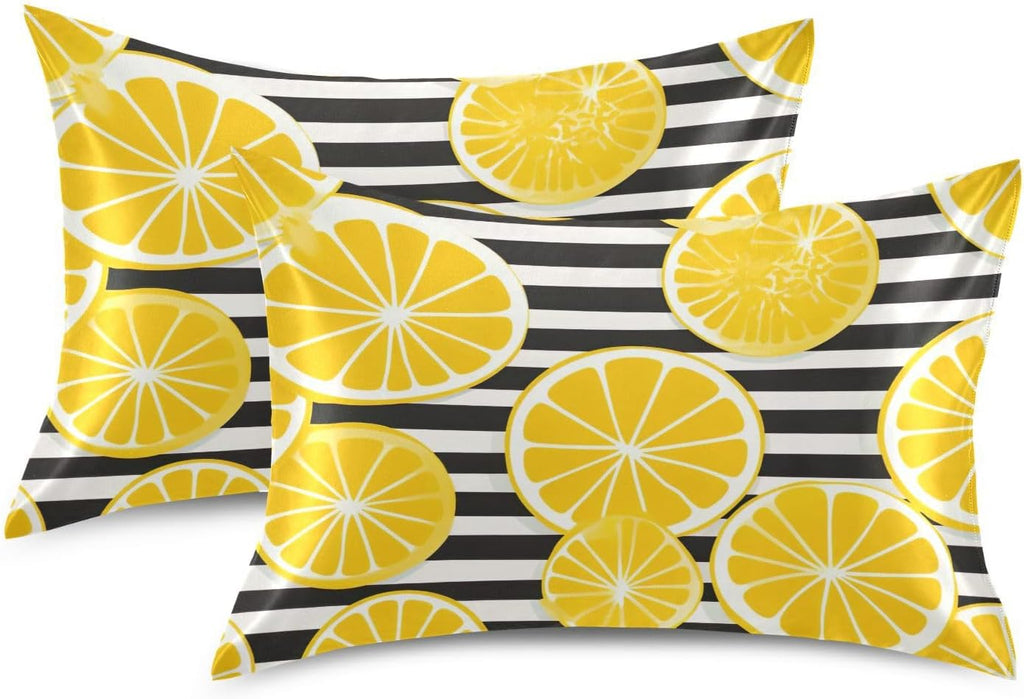 Yellow Lemon Striped Satin Pillowcase for Hair and Skin Body Bed Pillow Cases Standard Size 20"X26" Pillowcase Pillow Covers with Envelope Closure for Women Men
