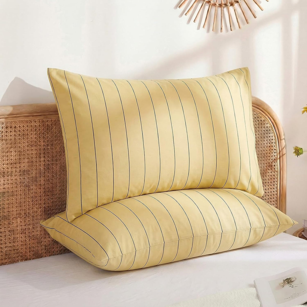 Yellow Striped Pillowcases, 100% Cotton Pillow Cases, Queen Size Pillowcases, Luxury Linen Like Pillowcase, Soft Breathable Pinstripe Pillow Covers, Set of 2