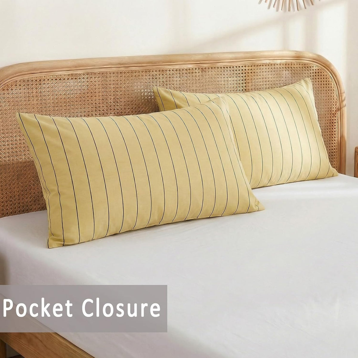 Yellow Striped Pillowcases, 100% Cotton Pillow Cases, Queen Size Pillowcases, Luxury Linen Like Pillowcase, Soft Breathable Pinstripe Pillow Covers, Set of 2