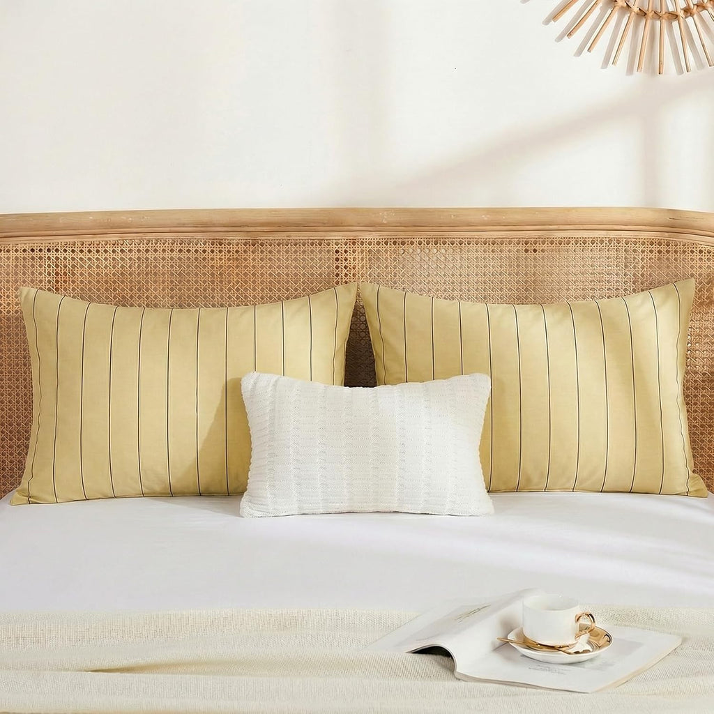 Yellow Striped Pillowcases, 100% Cotton Pillow Cases, Queen Size Pillowcases, Luxury Linen Like Pillowcase, Soft Breathable Pinstripe Pillow Covers, Set of 2