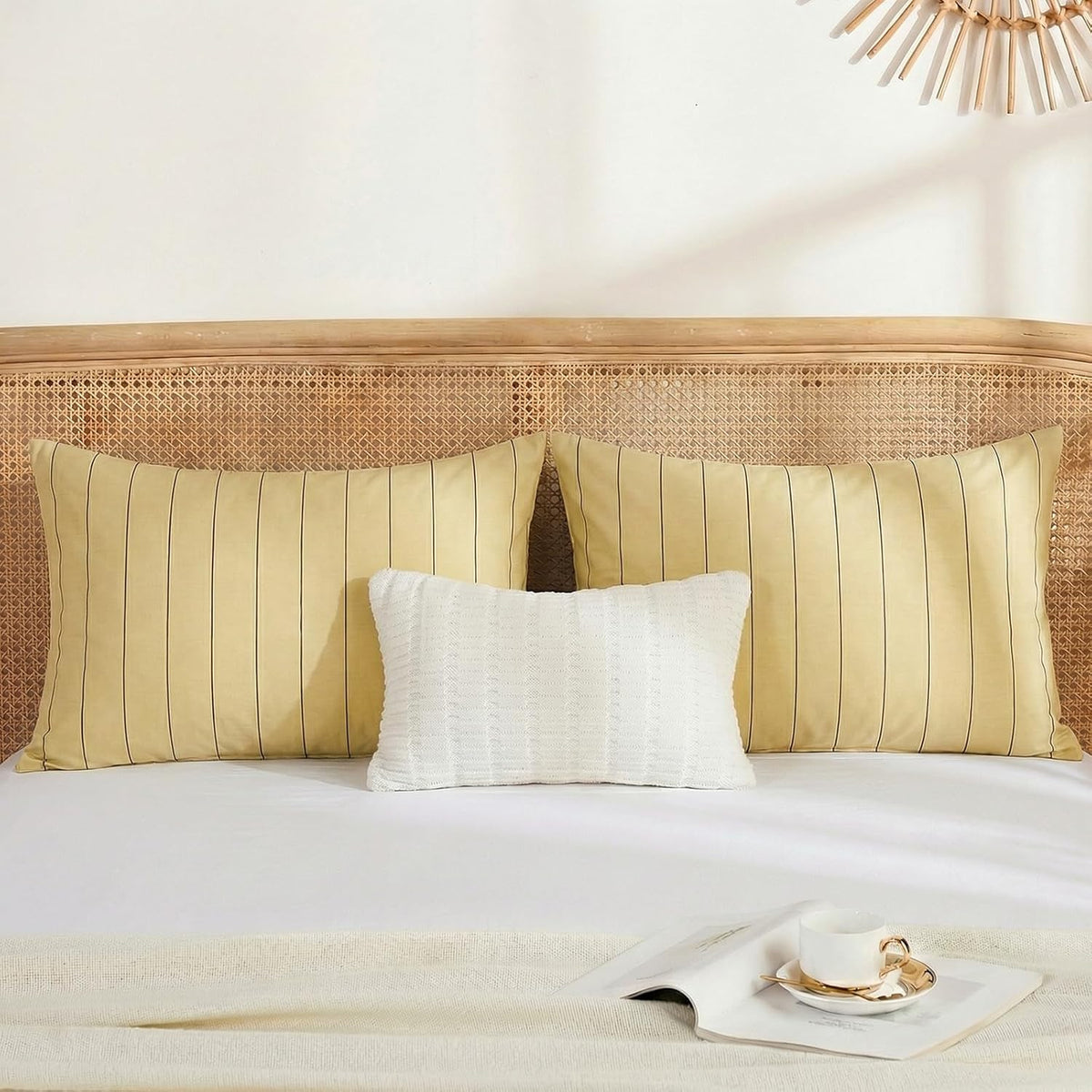 Yellow Striped Pillowcases, 100% Cotton Pillow Cases, Queen Size Pillowcases, Luxury Linen Like Pillowcase, Soft Breathable Pinstripe Pillow Covers, Set of 2