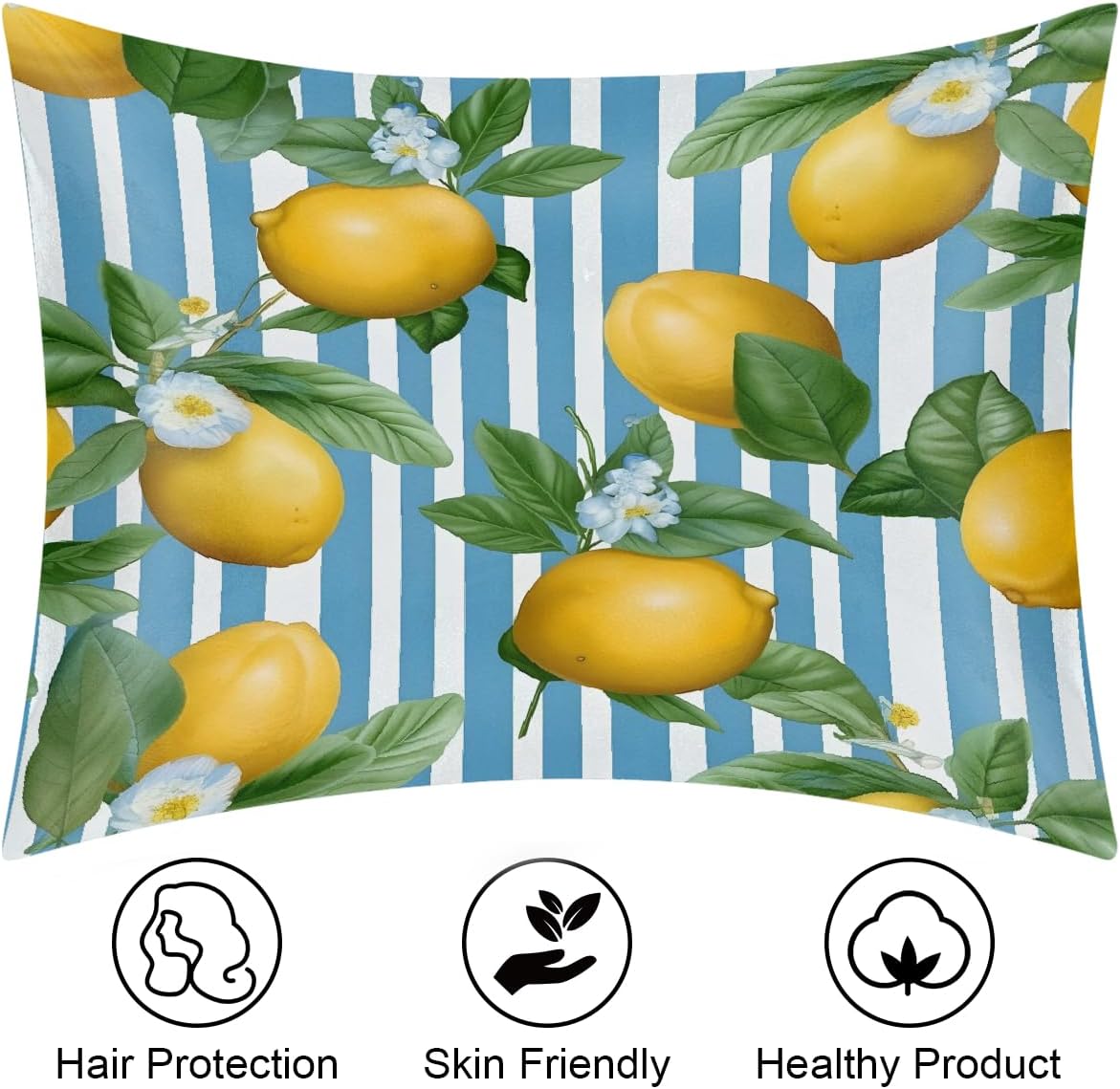Yellow Lemon Blue Stripes Pattern Satin Pillowcase for Hair and Skin, Pillow Case Standard 2 Pack, Like Silk Pillowcases with Zipper, 20x26 in, Gifts for Women Men