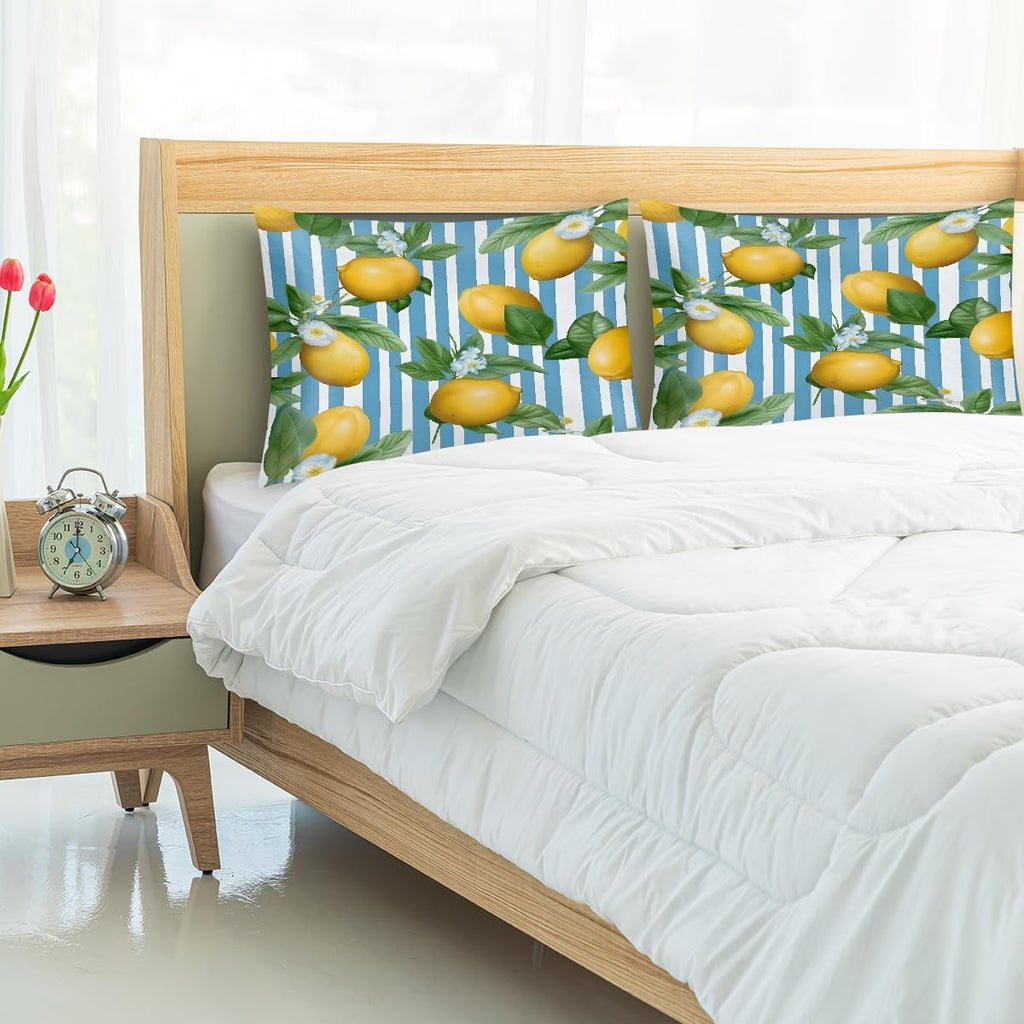 Yellow Lemon Blue Stripes Pattern Satin Pillowcase for Hair and Skin, Pillow Case Standard 2 Pack, Like Silk Pillowcases with Zipper, 20x26 in, Gifts for Women Men