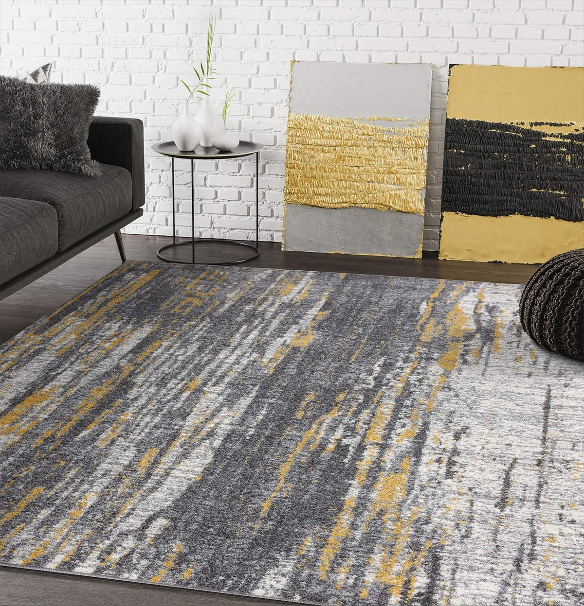 Rugs Grey & Yellow Painted Pattern Area Rug Bold Rugged Contemporary Modern Style Accent, Laguna Collection | Turkish Made Superior Comfort & Construction | Stain Shed Resistant (6' x 9')