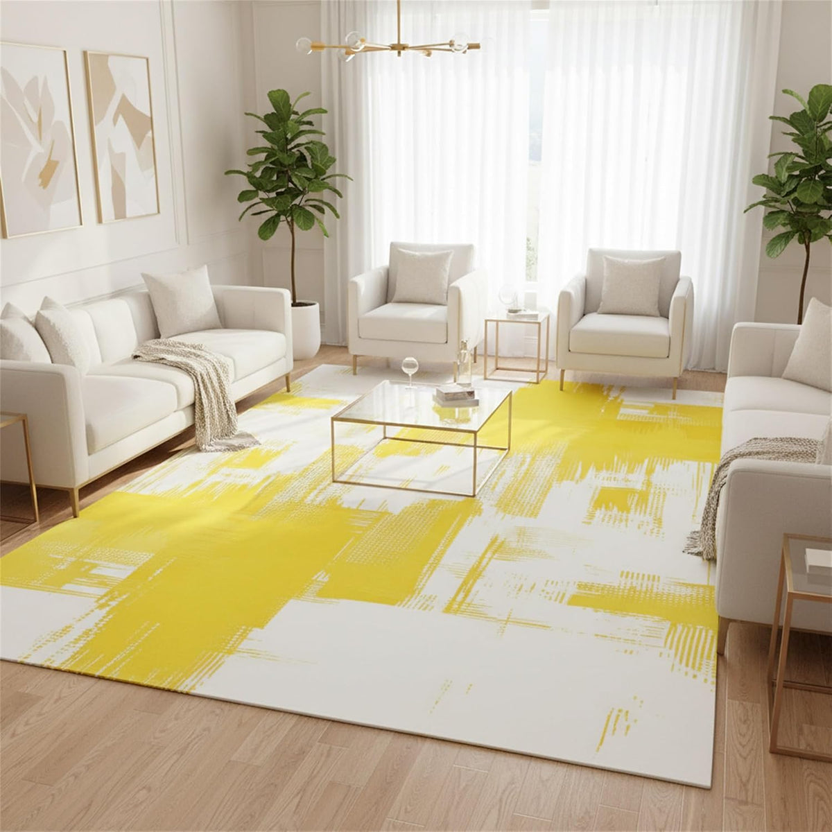 Minimalist Abstract Art Texture Area Rug 5x7 Modern Bright Yellow White Indoor Rugs for Livingroom Bedroom Dining Room Soft Washable Non Slip Low Pile Carpet Under Table Nursery Farmhouse Mats Decor