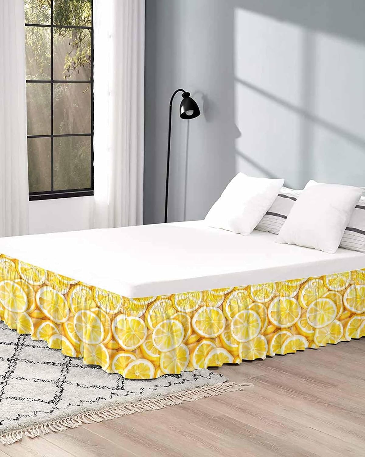 Lemon Bed Skirt Queen Size 16 Inch Drop, Adjustable Elastic Wrap Around Bed Skirts Easy Fitting Dust Ruffle Bedskirt Bed Frame Cover Summer Watercolor Yellow Fruits