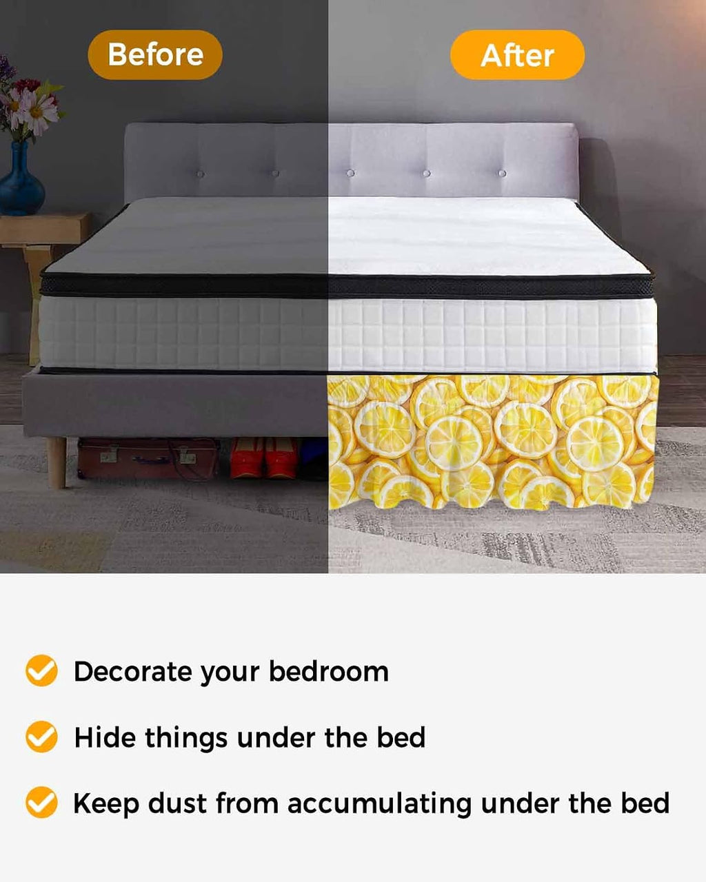 Lemon Bed Skirt Queen Size 16 Inch Drop, Adjustable Elastic Wrap Around Bed Skirts Easy Fitting Dust Ruffle Bedskirt Bed Frame Cover Summer Watercolor Yellow Fruits