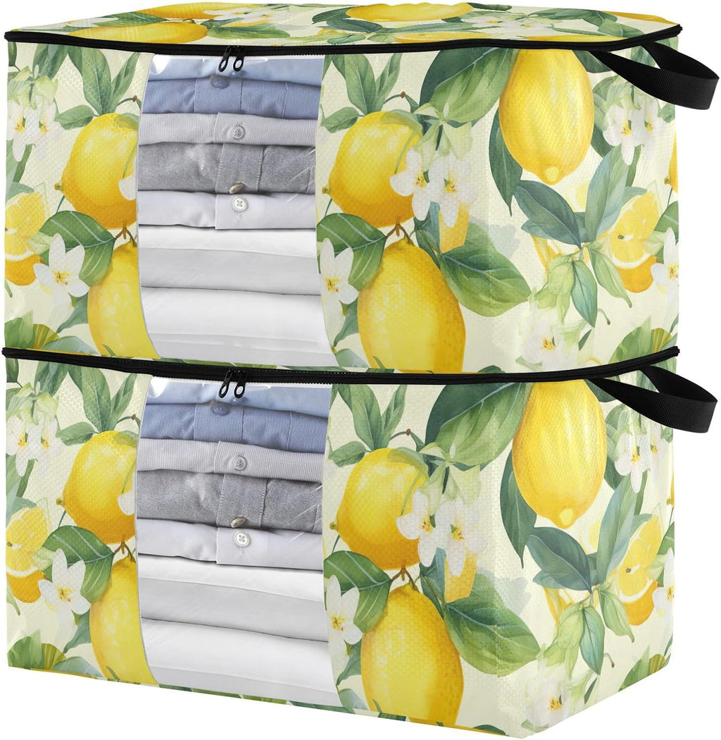 Floral Lemons Flowers Yellow Clothes Storage Bag Bins 2 Pack Foldable Storage Containers Large Closet Organizer with Zipper Storage Cubes for Bed Sheets Comforters Clothing 60L