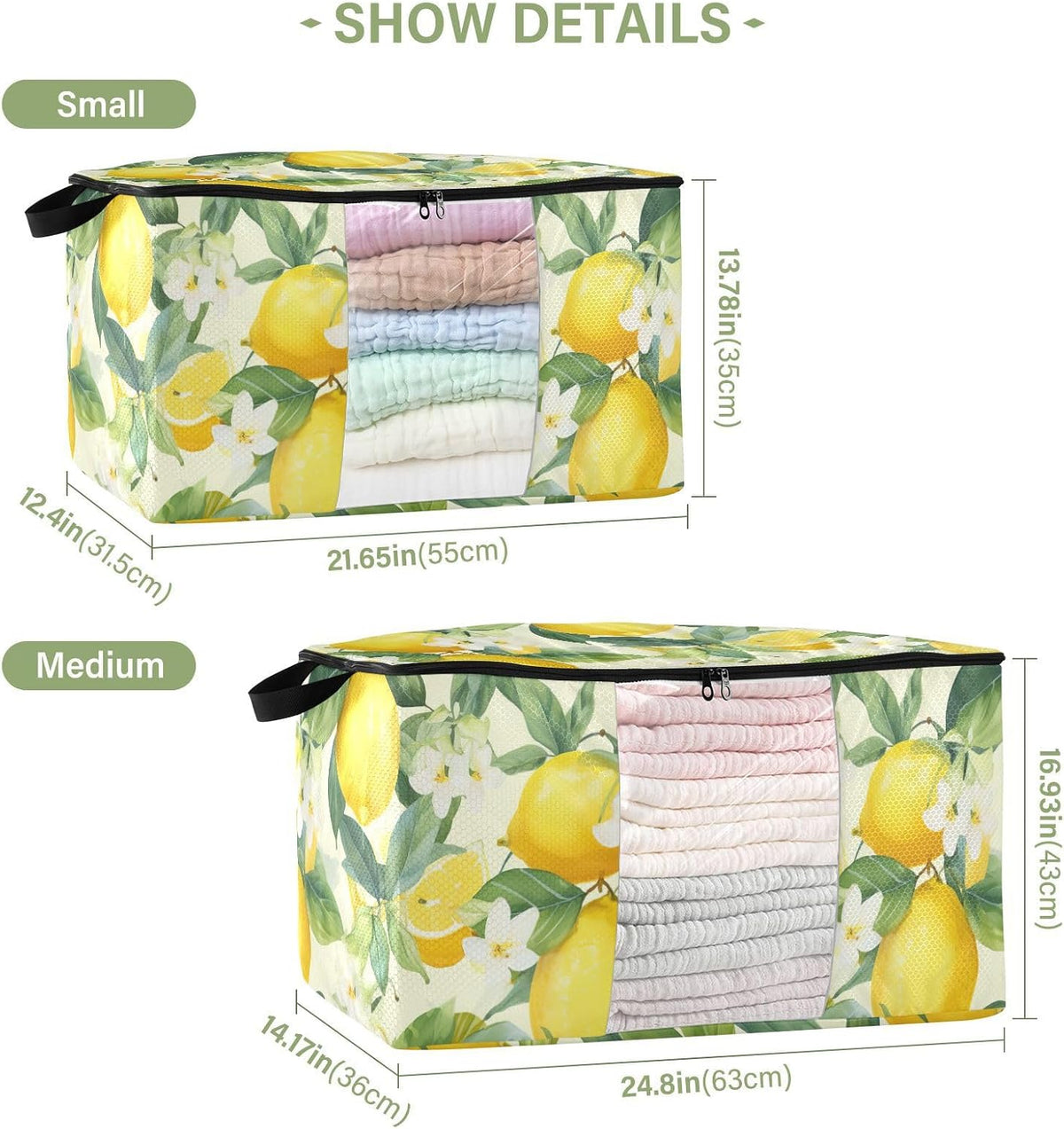 Floral Lemons Flowers Yellow Clothes Storage Bag Bins 2 Pack Foldable Storage Containers Large Closet Organizer with Zipper Storage Cubes for Bed Sheets Comforters Clothing 60L