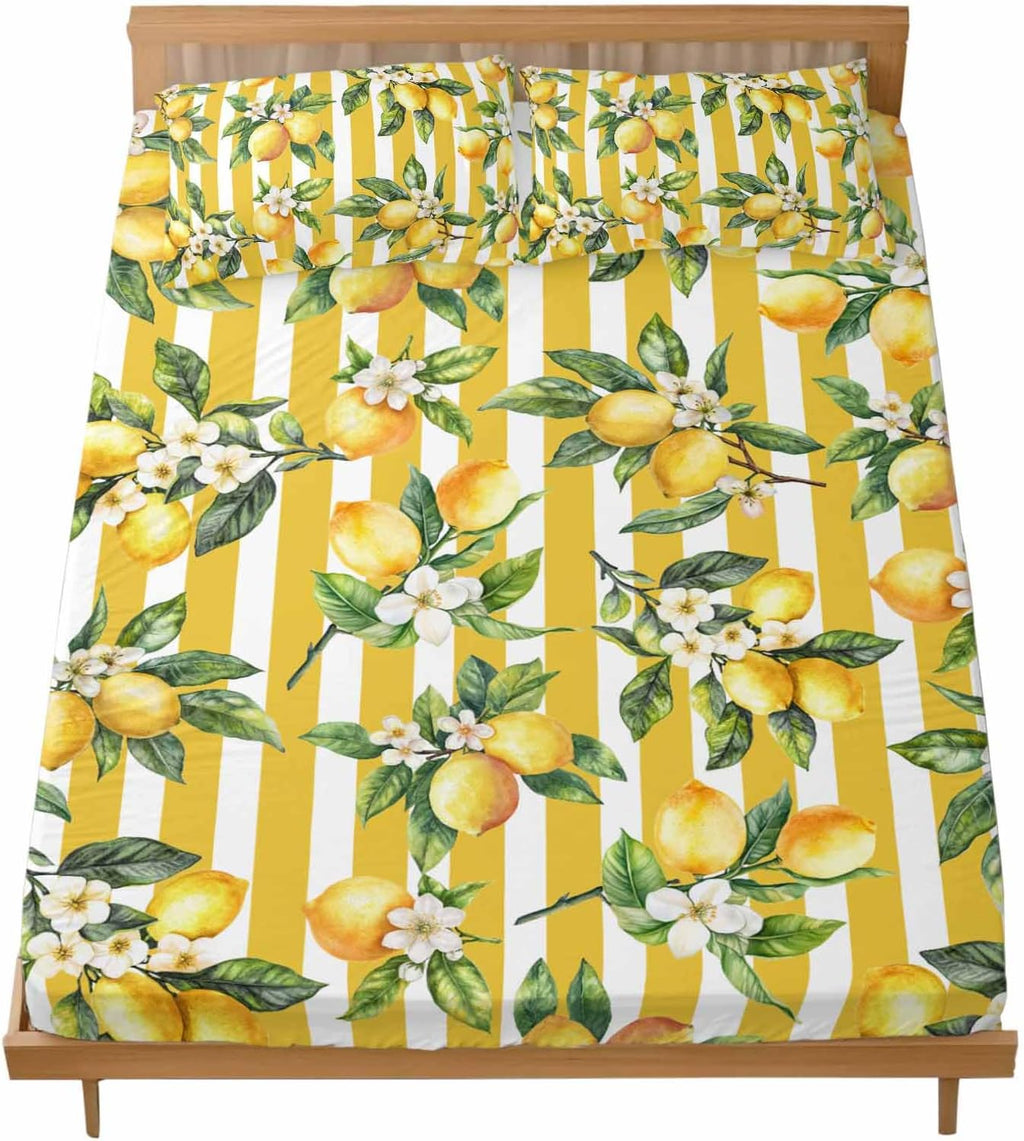Floral Lemon Full Sheet Set Deep Pocket Fitted Sheet Sets Soft Breathable Yellow Stripes Sheet & Pillowcase Sets 3 Pieces Bed Sheets with Elastic Band Fits Mattress
