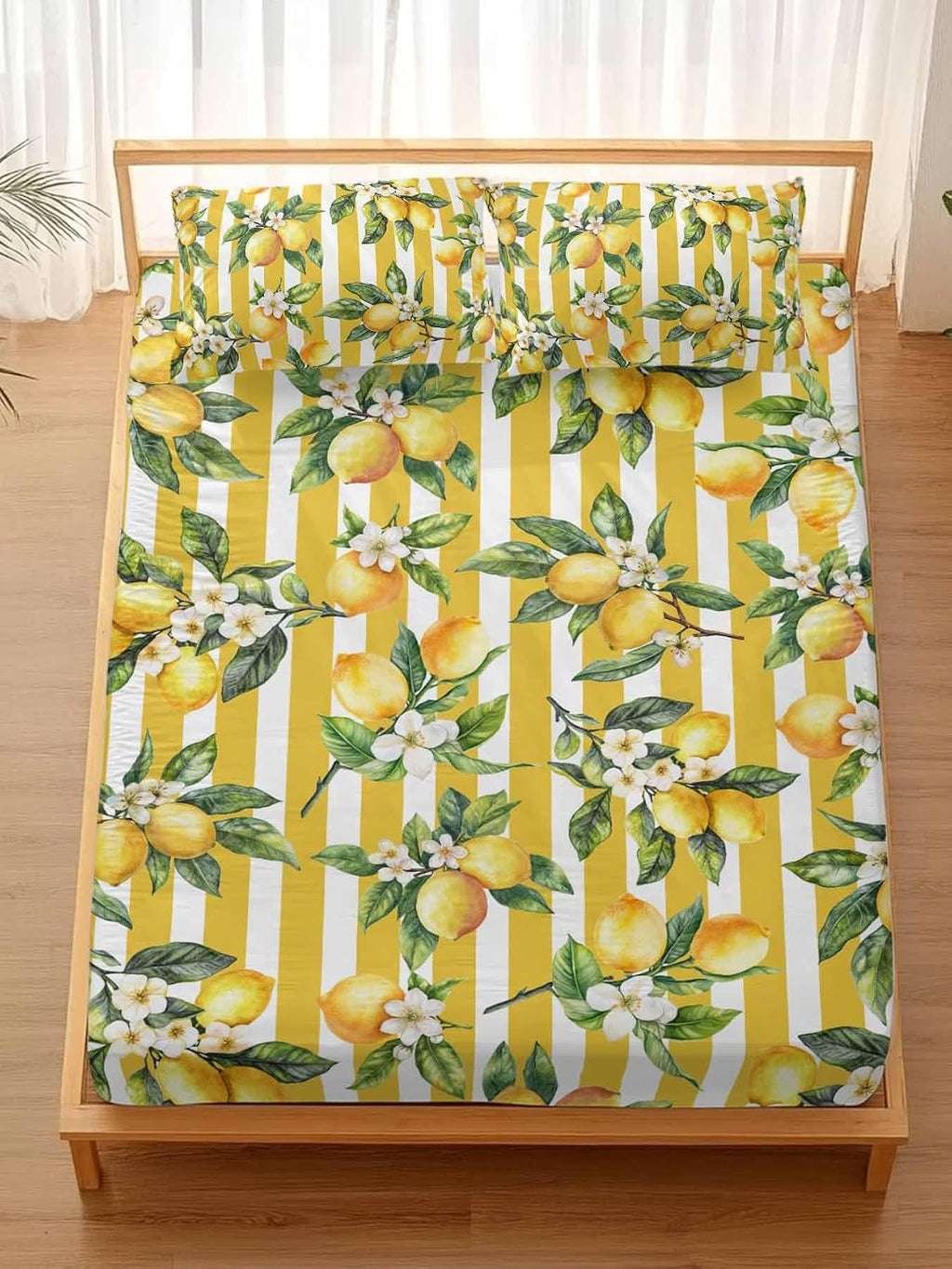 Floral Lemon Full Sheet Set Deep Pocket Fitted Sheet Sets Soft Breathable Yellow Stripes Sheet & Pillowcase Sets 3 Pieces Bed Sheets with Elastic Band Fits Mattress