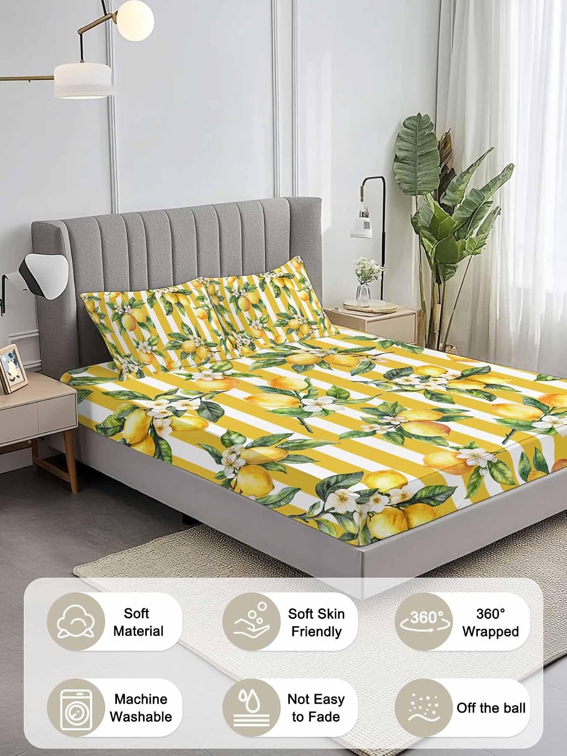 Floral Lemon Full Sheet Set Deep Pocket Fitted Sheet Sets Soft Breathable Yellow Stripes Sheet & Pillowcase Sets 3 Pieces Bed Sheets with Elastic Band Fits Mattress