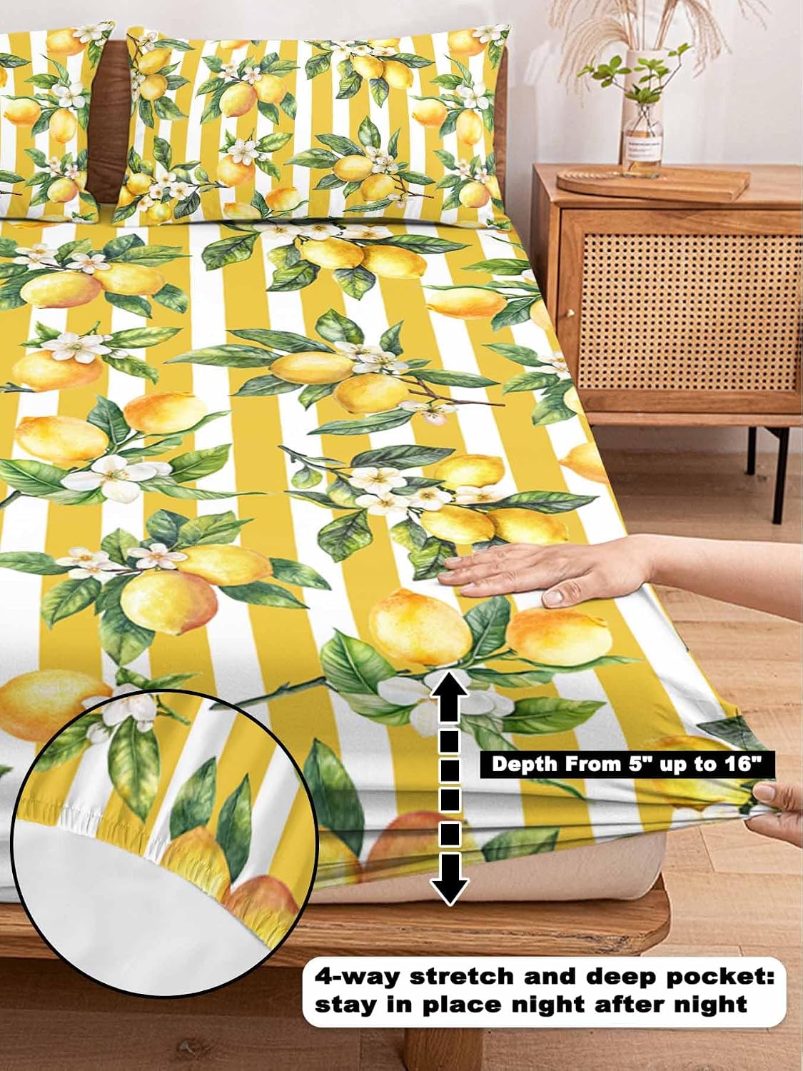 Floral Lemon Full Sheet Set Deep Pocket Fitted Sheet Sets Soft Breathable Yellow Stripes Sheet & Pillowcase Sets 3 Pieces Bed Sheets with Elastic Band Fits Mattress