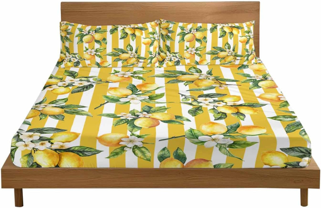 Floral Lemon Full Sheet Set Deep Pocket Fitted Sheet Sets Soft Breathable Yellow Stripes Sheet & Pillowcase Sets 3 Pieces Bed Sheets with Elastic Band Fits Mattress