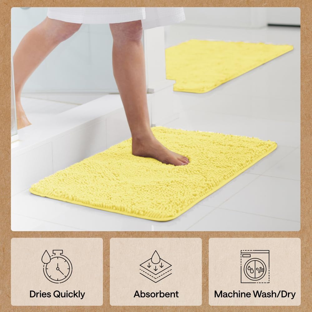 Bath Rug Mat for Bathroom, Absorbent Chenille, 60x24 Yellow