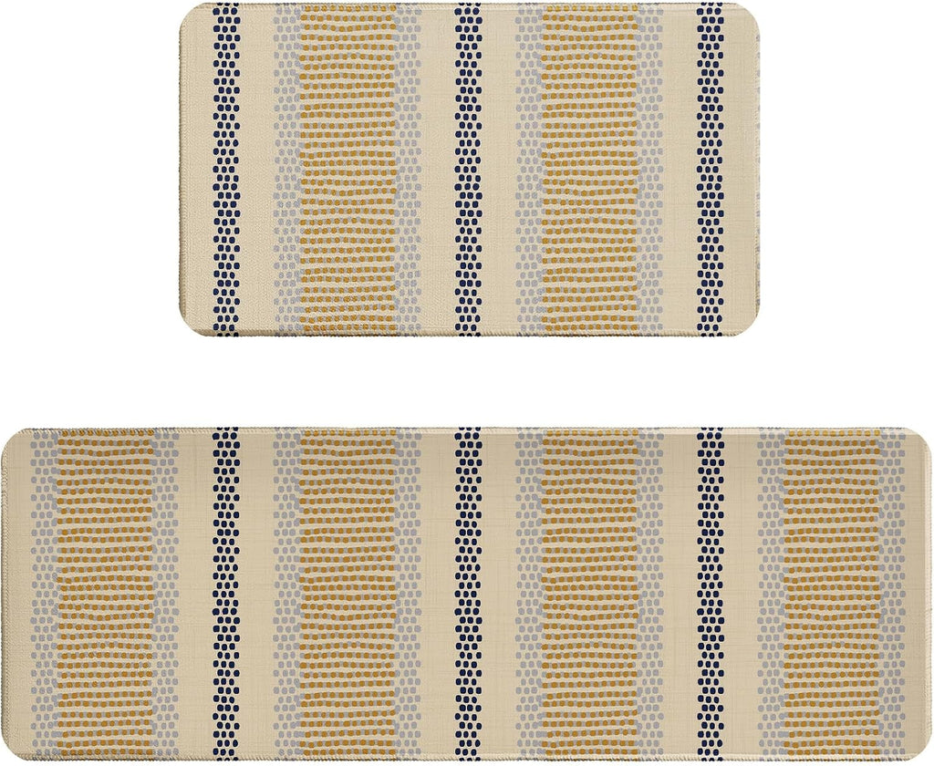 Boho Kitchen Rugs Set of 2 Blue Yellow Polka Dots Striped Print Modern Kitchen Mats for Floor Non Slip Neutral Farmhouse Kitchen Decor Runner Rugs, 17x47 inch and 17x30 inch