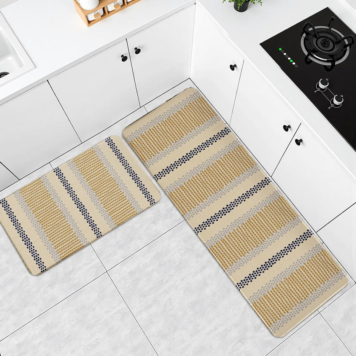Boho Kitchen Rugs Set of 2 Blue Yellow Polka Dots Striped Print Modern Kitchen Mats for Floor Non Slip Neutral Farmhouse Kitchen Decor Runner Rugs, 17x47 inch and 17x30 inch