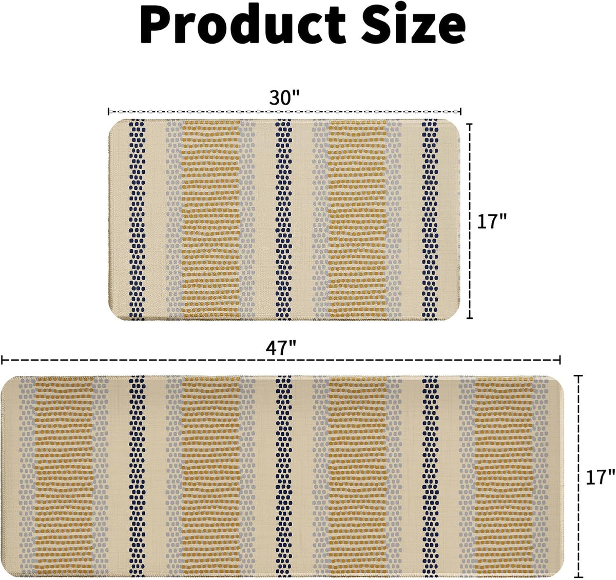 Boho Kitchen Rugs Set of 2 Blue Yellow Polka Dots Striped Print Modern Kitchen Mats for Floor Non Slip Neutral Farmhouse Kitchen Decor Runner Rugs, 17x47 inch and 17x30 inch