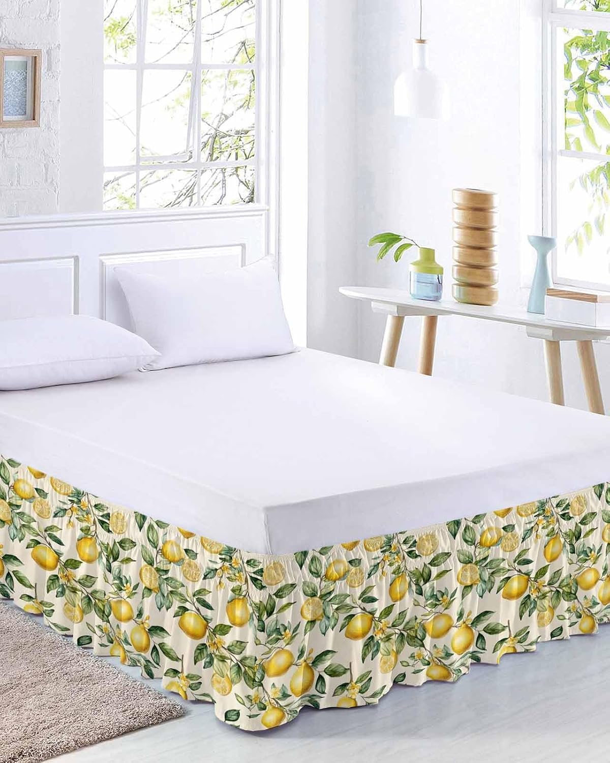 Yellow Lemon Bed Skirt Queen Size 16 Inch Drop, Adjustable Elastic Wrap Around Bed Skirts Easy Fitting Dust Ruffle Bedskirt Bed Frame Cover Spring Floral Flower Fruit Farmhouse Modern