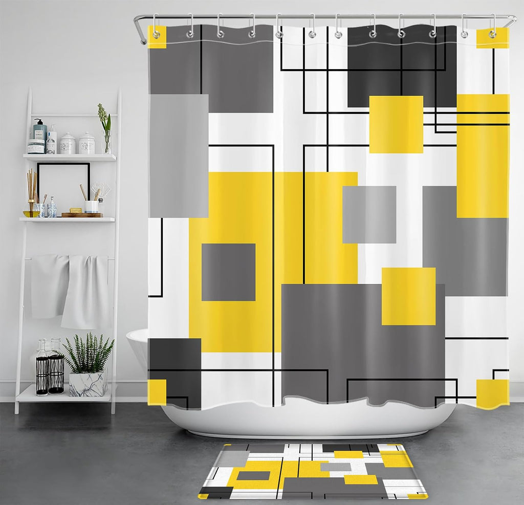 Grey and Yellow Geometric Shower Curtain Sets with Rugs Abstract Minimalist Modern Fabric Shower Curtain with Hooks Black and White Striped Bathroom Curtains Shower Set, 70x70 inches