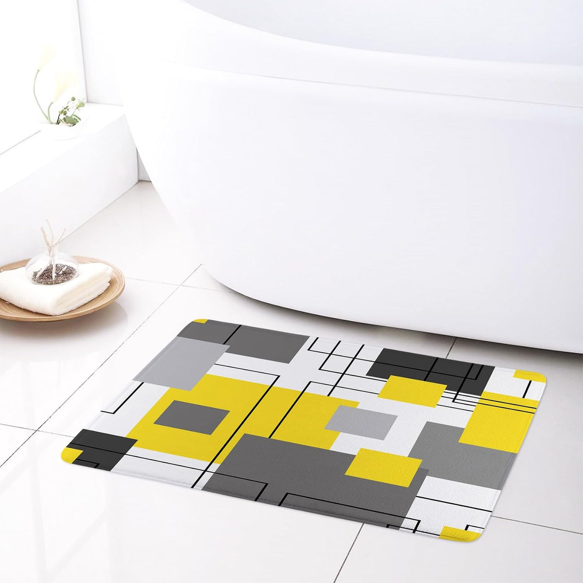 Grey and Yellow Geometric Shower Curtain Sets with Rugs Abstract Minimalist Modern Fabric Shower Curtain with Hooks Black and White Striped Bathroom Curtains Shower Set, 70x70 inches