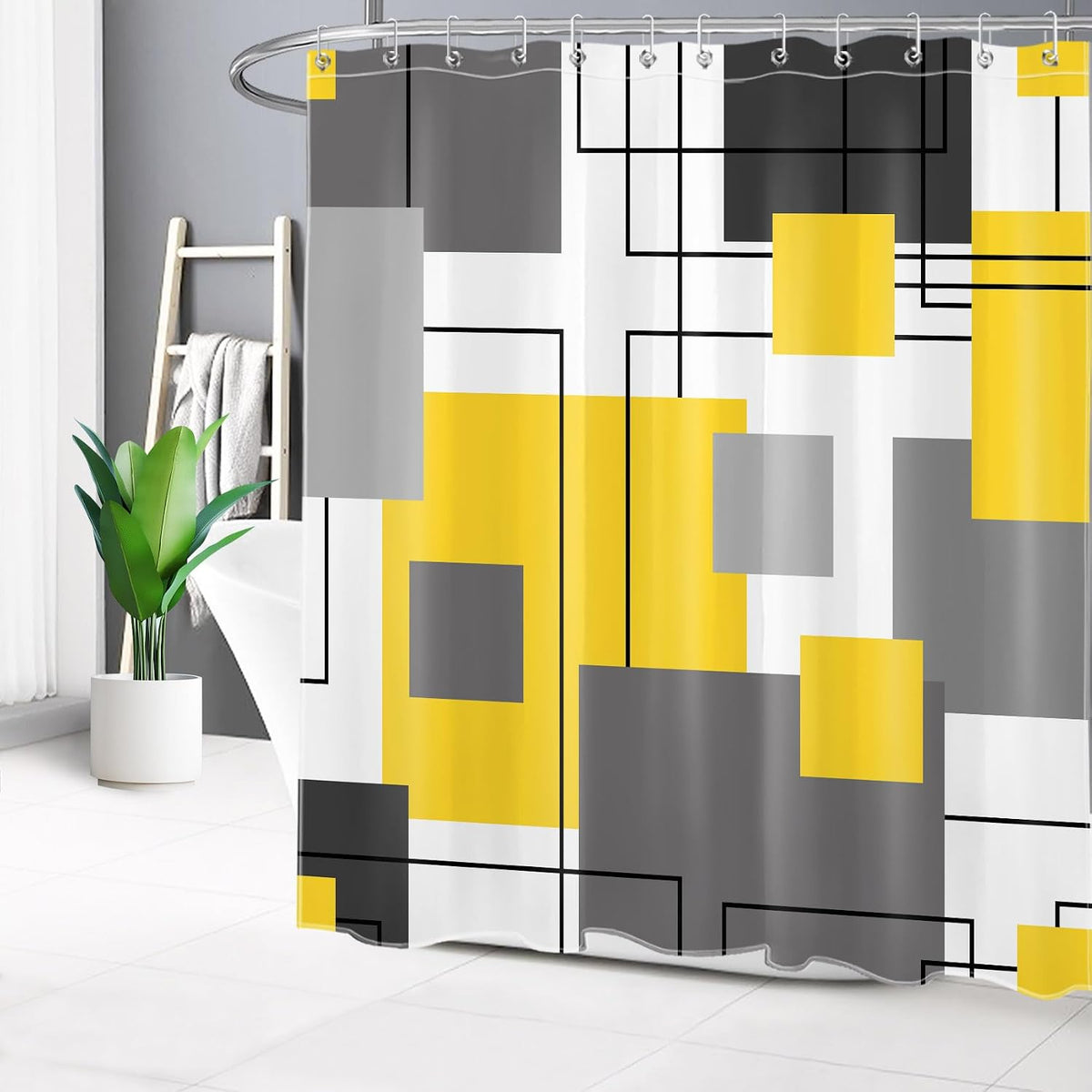 Grey and Yellow Geometric Shower Curtain Sets with Rugs Abstract Minimalist Modern Fabric Shower Curtain with Hooks Black and White Striped Bathroom Curtains Shower Set, 70x70 inches