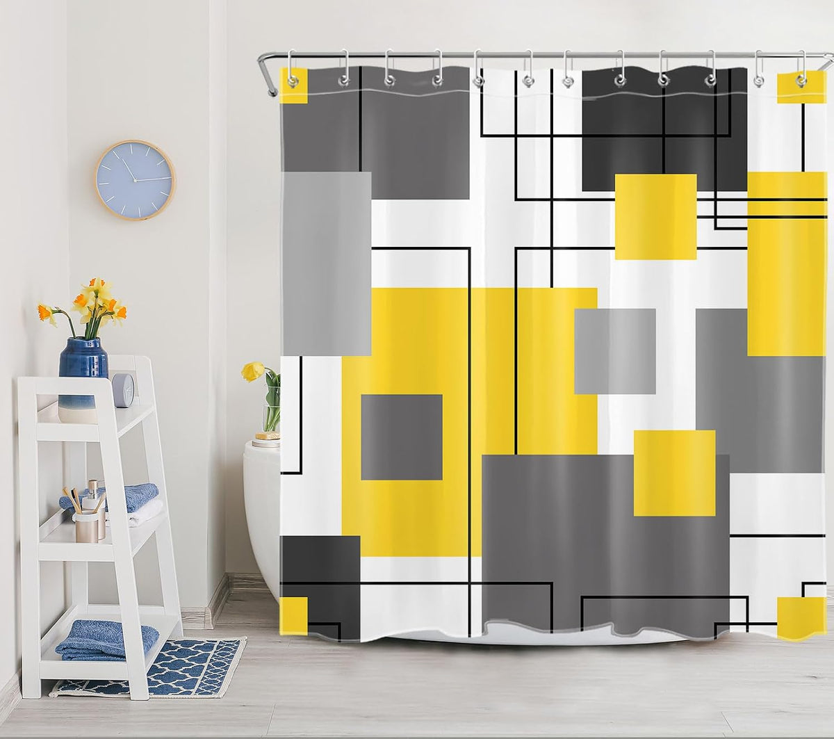 Grey and Yellow Geometric Shower Curtain Sets with Rugs Abstract Minimalist Modern Fabric Shower Curtain with Hooks Black and White Striped Bathroom Curtains Shower Set, 70x70 inches