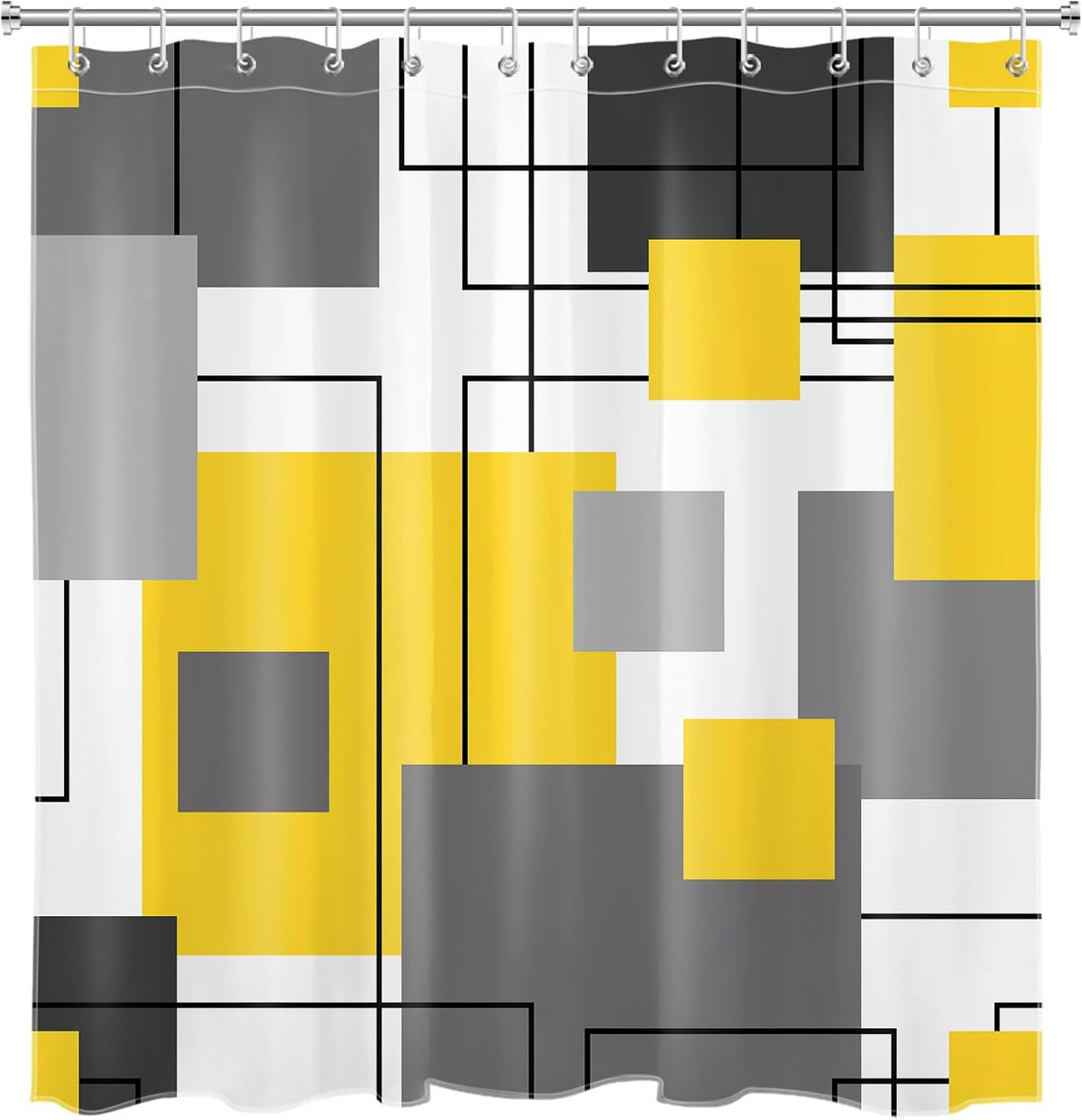 Grey and Yellow Geometric Shower Curtain Sets with Rugs Abstract Minimalist Modern Fabric Shower Curtain with Hooks Black and White Striped Bathroom Curtains Shower Set, 70x70 inches