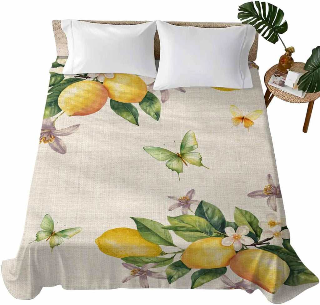 Flat Sheet, 1 Piece Top Sheet Twin Size Yellow Lemon Floral Soft Breathable Bed Sheet Watercolor Butterfly Purple Flower Retro Brushed Microfiber Bed Sheet, Wrinkle Resistant, Fade Resistant Bedding