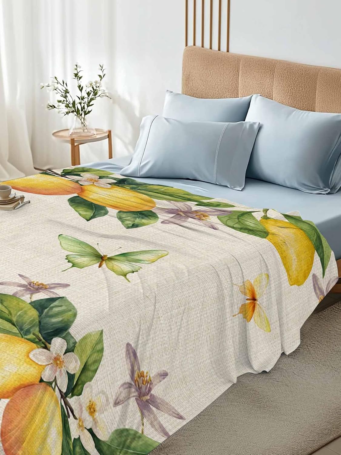 Flat Sheet, 1 Piece Top Sheet Twin Size Yellow Lemon Floral Soft Breathable Bed Sheet Watercolor Butterfly Purple Flower Retro Brushed Microfiber Bed Sheet, Wrinkle Resistant, Fade Resistant Bedding