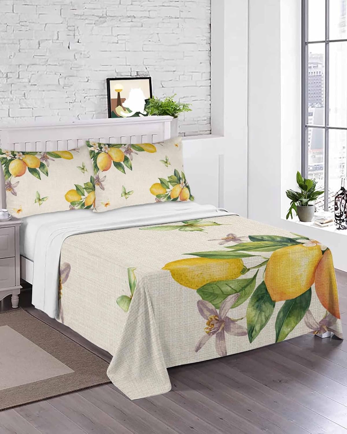 Flat Sheet, 1 Piece Top Sheet Twin Size Yellow Lemon Floral Soft Breathable Bed Sheet Watercolor Butterfly Purple Flower Retro Brushed Microfiber Bed Sheet, Wrinkle Resistant, Fade Resistant Bedding