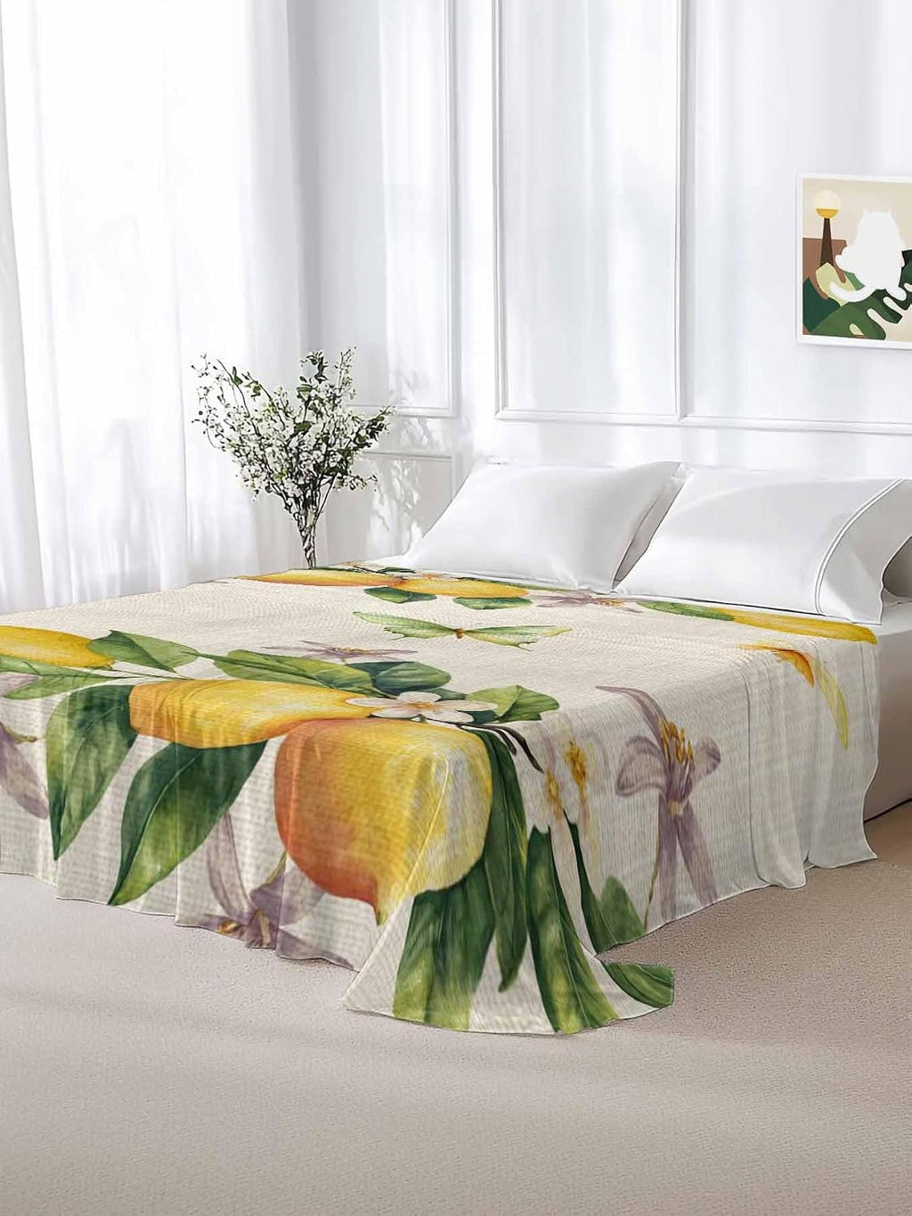 Flat Sheet, 1 Piece Top Sheet Twin Size Yellow Lemon Floral Soft Breathable Bed Sheet Watercolor Butterfly Purple Flower Retro Brushed Microfiber Bed Sheet, Wrinkle Resistant, Fade Resistant Bedding