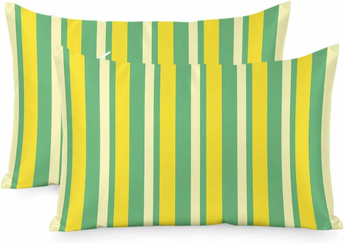 Lemon Green Yellow Pillow Cases Standard Size Set of 2, Summer Modern Farmhouse Striped Satin Pillowcase with Zipper for Hair/Skin, Decorative Pillow Covers for Bed/Couch/Sofa, 20x26 Inches