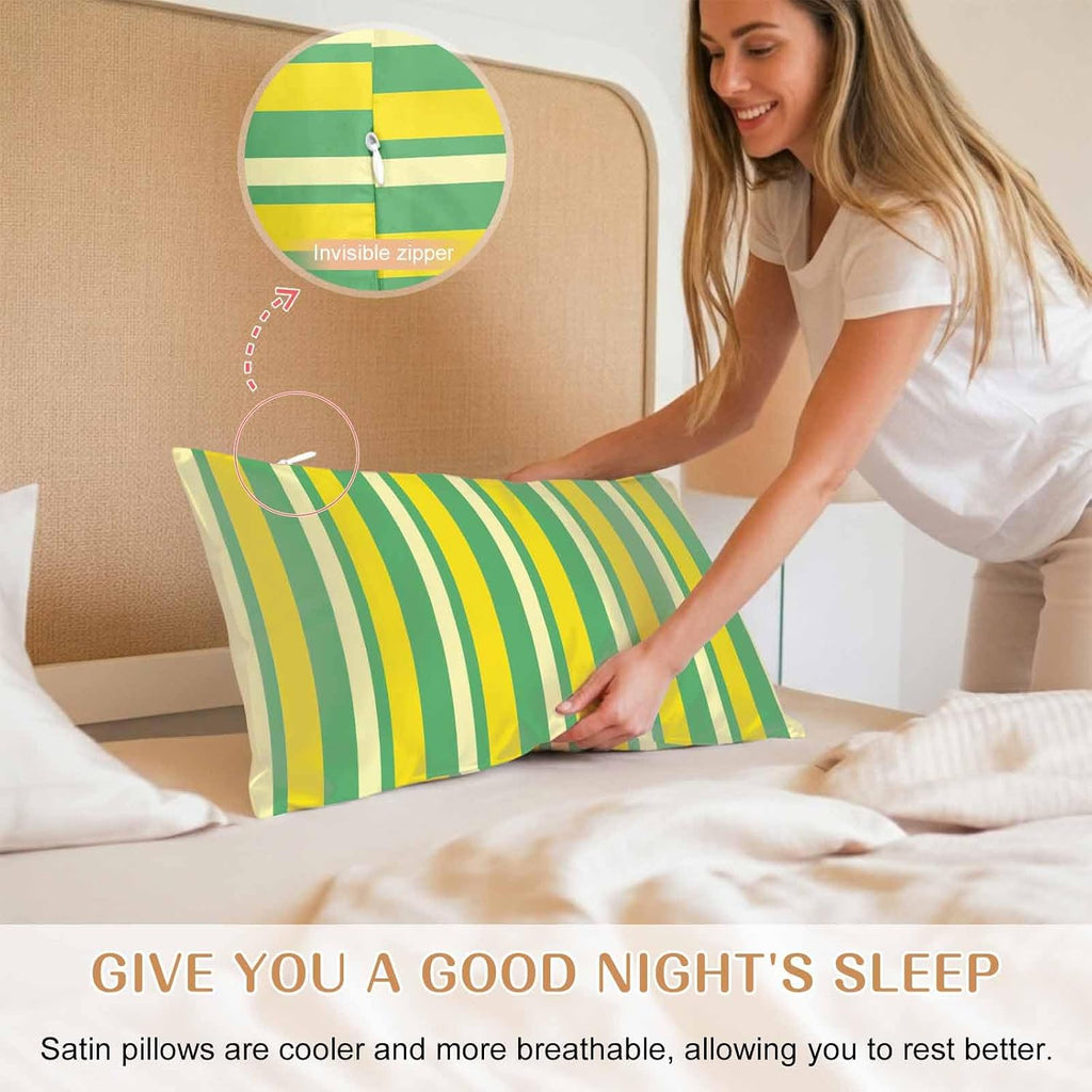 Lemon Green Yellow Pillow Cases Standard Size Set of 2, Summer Modern Farmhouse Striped Satin Pillowcase with Zipper for Hair/Skin, Decorative Pillow Covers for Bed/Couch/Sofa, 20x26 Inches