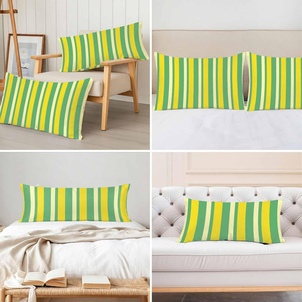 Lemon Green Yellow Pillow Cases Standard Size Set of 2, Summer Modern Farmhouse Striped Satin Pillowcase with Zipper for Hair/Skin, Decorative Pillow Covers for Bed/Couch/Sofa, 20x26 Inches