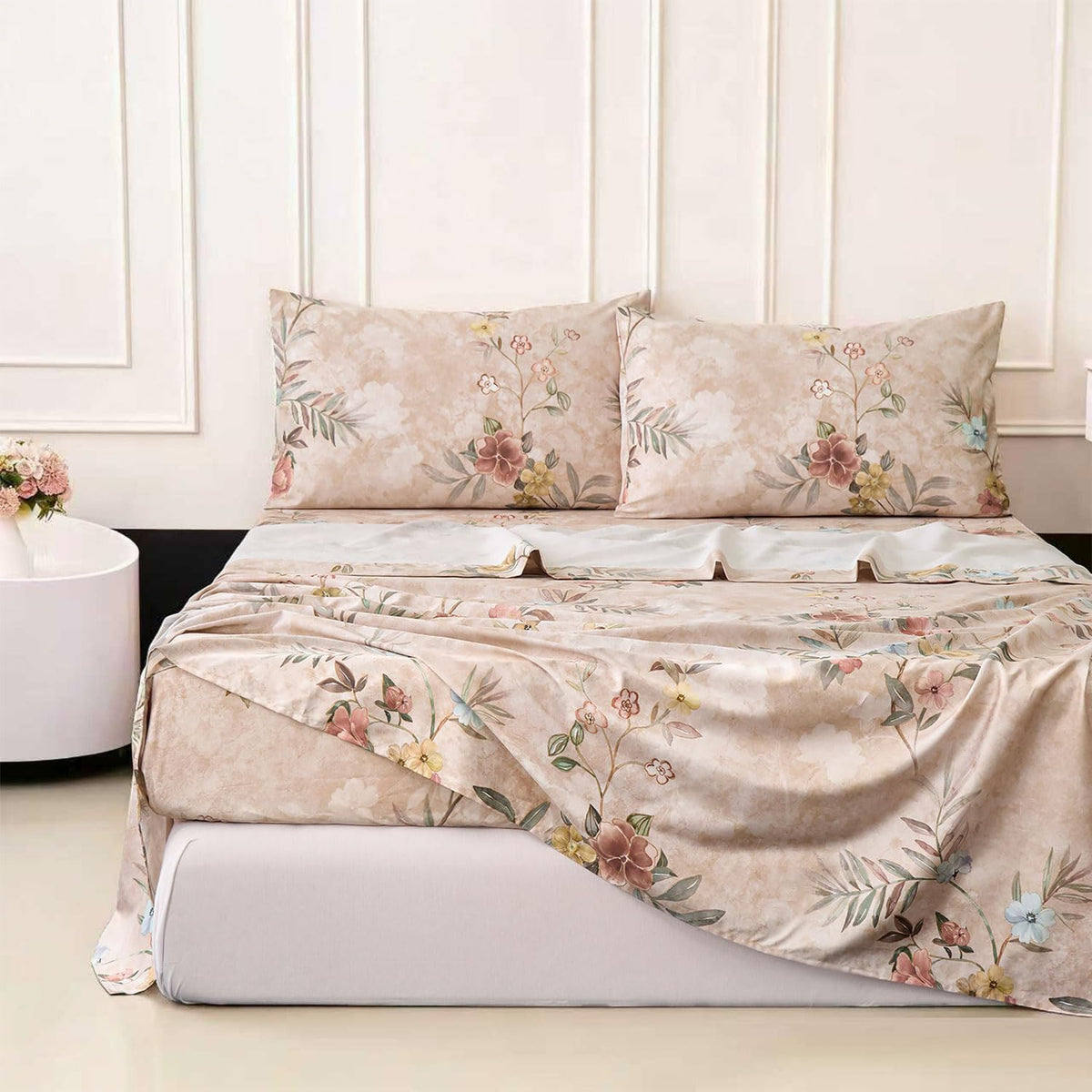 Floral Bed Sheets Full Size Sheet Set Light Brown 100% Cotton Satin Weave, Yellow Blue Flower Printed Chinoiserie Bed Set with Deep Pocket 17.5", Soft & Breathable, Luxury Shabby Vintage 4Pc