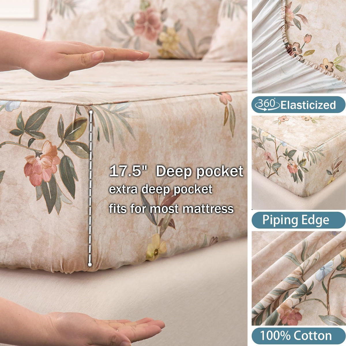 Floral Bed Sheets Full Size Sheet Set Light Brown 100% Cotton Satin Weave, Yellow Blue Flower Printed Chinoiserie Bed Set with Deep Pocket 17.5", Soft & Breathable, Luxury Shabby Vintage 4Pc