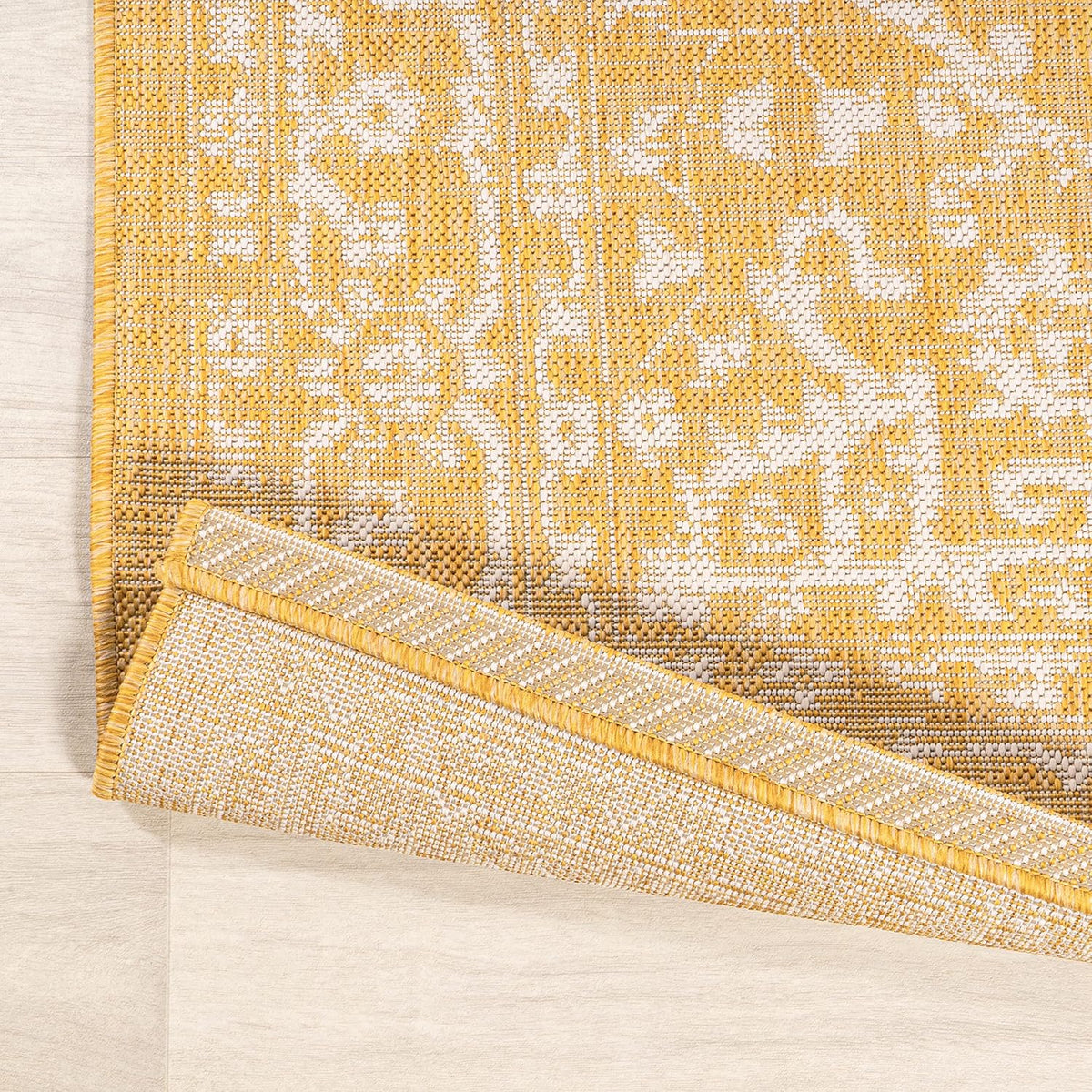 Boho Medallion Indoor Outdoor Area Rug 8X10 Yellow/Cream, Malta Textured Weave for Backyard, Patio, Porch, Easy-Cleaning, High Traffic, Pet-Friendly, Non-Shedding (SMB104G-8)