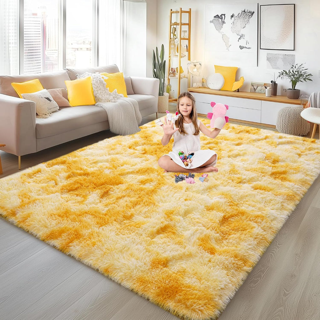 Soft Fluffy Rug for Living Room, 4x6 Tie-Dyed Yellow Shag Area Rug