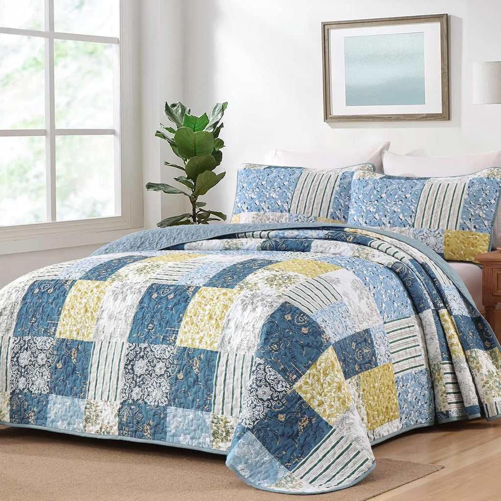 Quilts Queen Size, Blue Yellow Patchwork Pattern Summer Bedspread Bedding Set, 3 Pieces Soft Chic Plaid Coverlet with 2 Pillow Shams for All Season 96x90 Inch