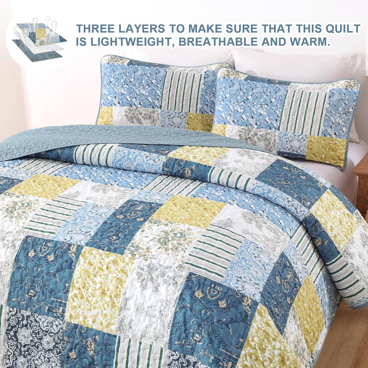 Quilts Queen Size, Blue Yellow Patchwork Pattern Summer Bedspread Bedding Set, 3 Pieces Soft Chic Plaid Coverlet with 2 Pillow Shams for All Season 96x90 Inch