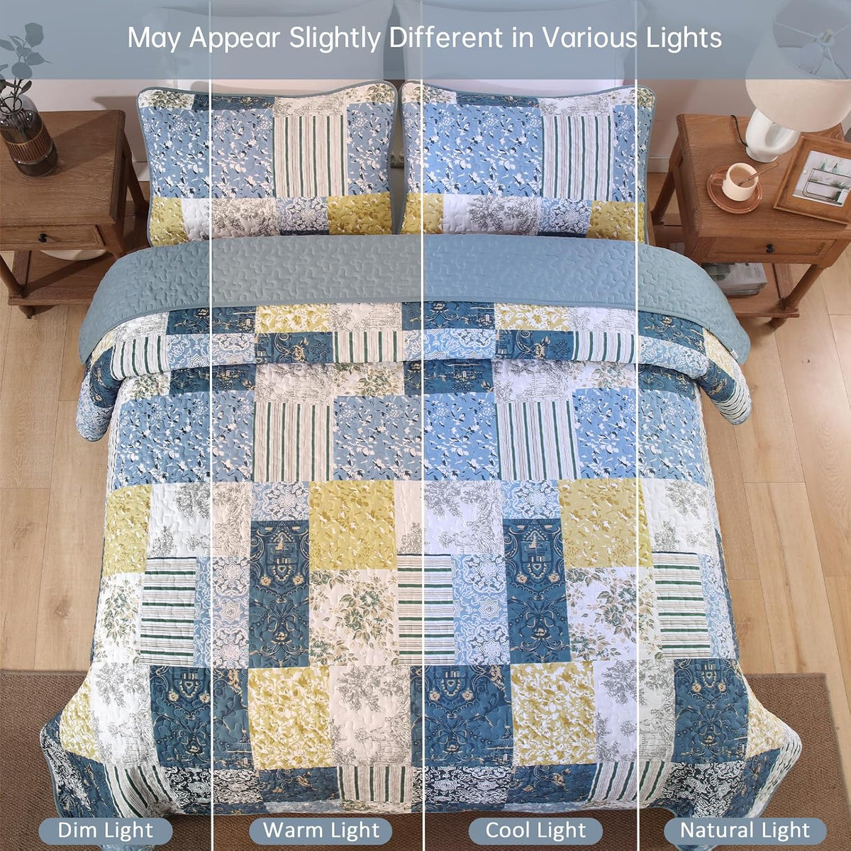 Quilts Queen Size, Blue Yellow Patchwork Pattern Summer Bedspread Bedding Set, 3 Pieces Soft Chic Plaid Coverlet with 2 Pillow Shams for All Season 96x90 Inch
