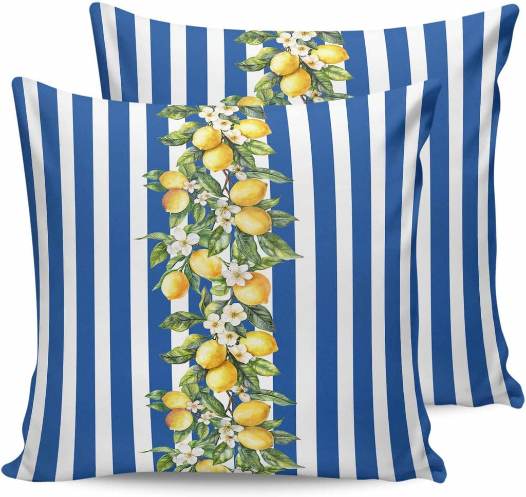 Yellow Lemon Floral 2PCS Throw Pillow Covers for Couch Sofa Bed, Blue Stripe Pillow Covers 18x18 inch, Standard Pillowcases Set Decorative Cushion Covers for Living Room Bedroom