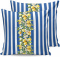Yellow Lemon Floral 2PCS Throw Pillow Covers for Couch Sofa Bed, Blue Stripe Pillow Covers 18x18 inch, Standard Pillowcases Set Decorative Cushion Covers for Living Room Bedroom