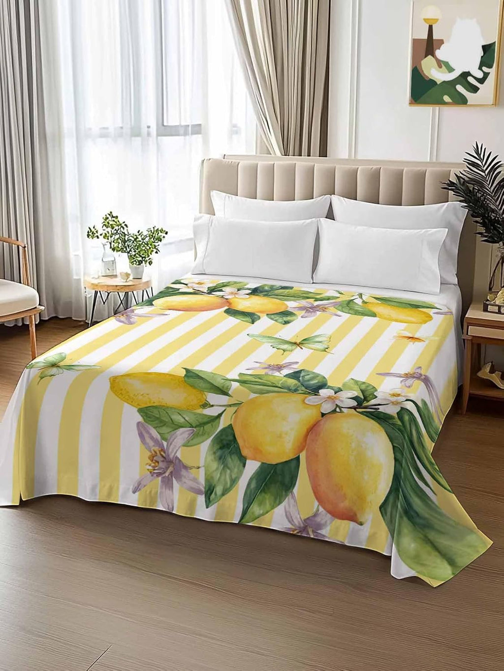 Flat Sheet Only Bedding Top Sheet Twin Lemon Fruits Floral Leaves Soft Microfiber Breathable Bed Sheets, Yellow Stripes Flat Sheets for Bedroom Sofa Men/Women