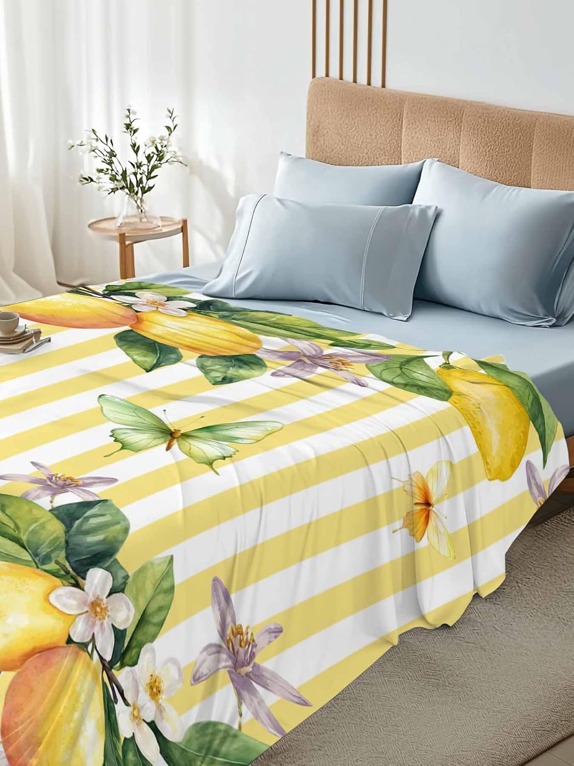 Flat Sheet Only Bedding Top Sheet Twin Lemon Fruits Floral Leaves Soft Microfiber Breathable Bed Sheets, Yellow Stripes Flat Sheets for Bedroom Sofa Men/Women